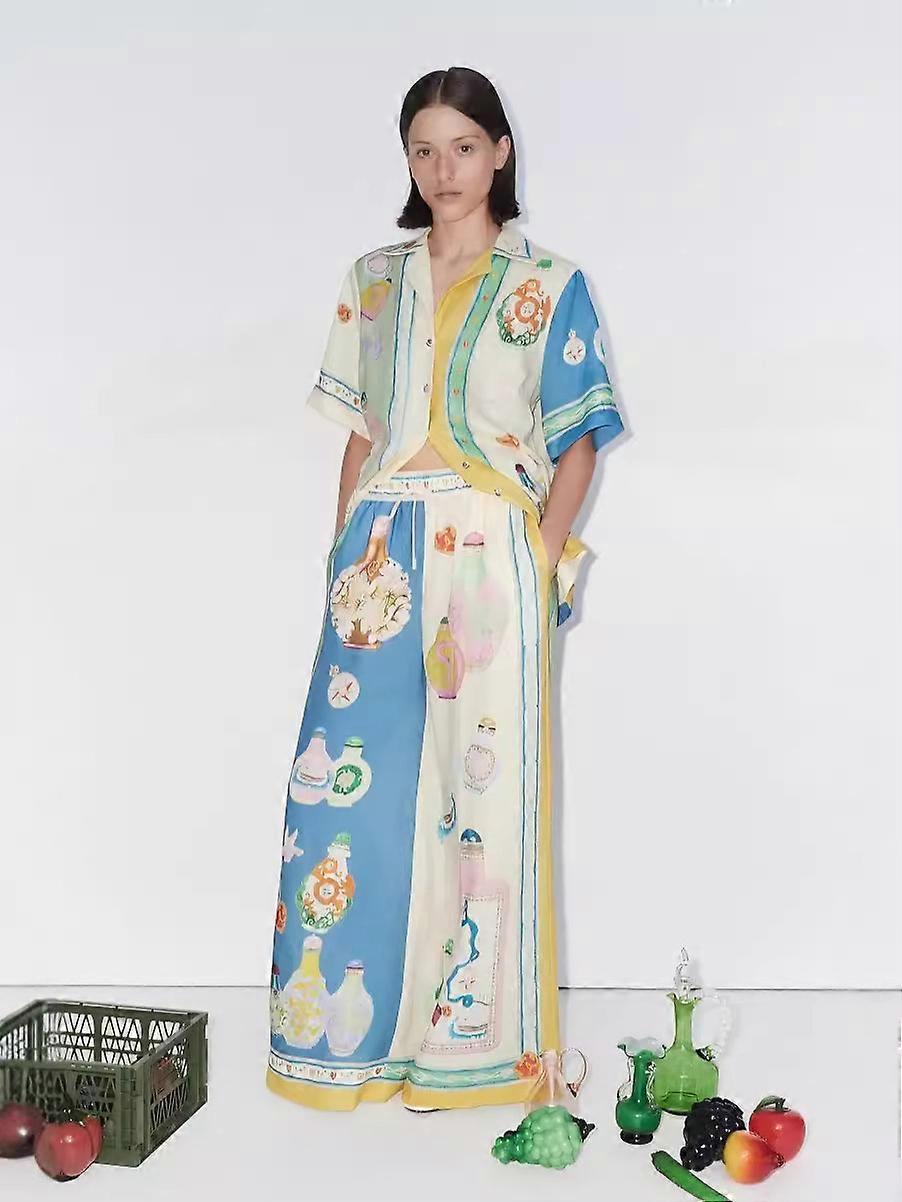 Printed short-sleeved color-blocked holiday casual drawstring suit