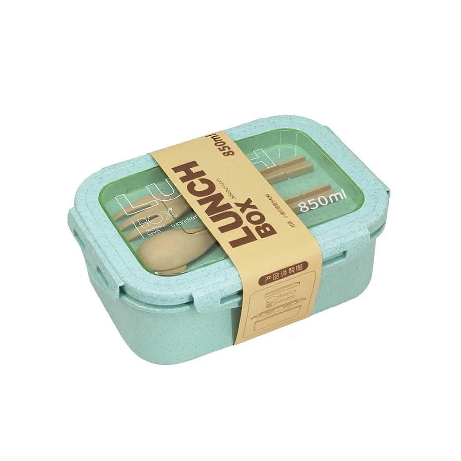 Lunch Box Wheat Straw With Tableware, 2Grid Bento, Portable LeakProof, Microwave Safe, FoodGrade, Green