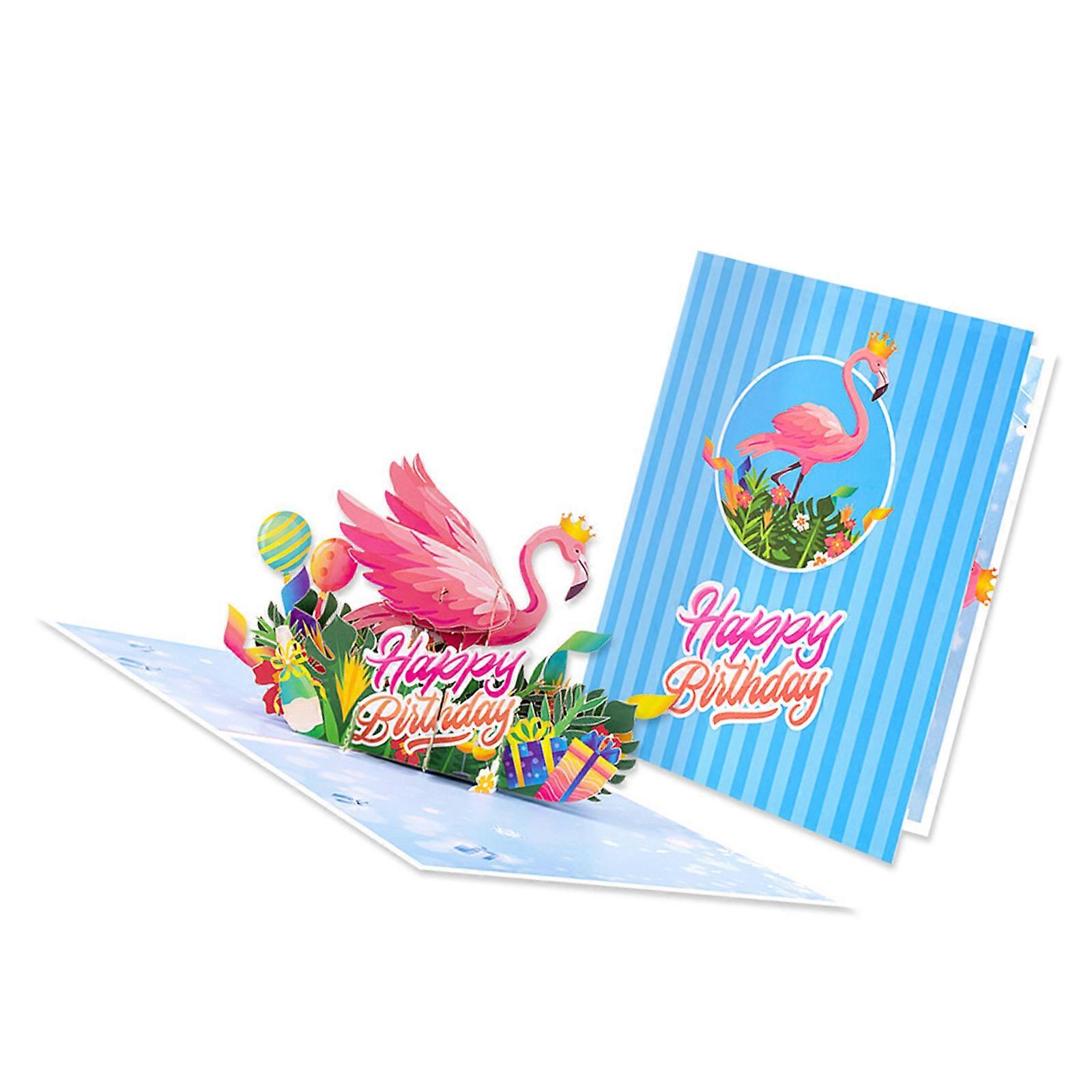 Interactive Flamingo Birthday Card Features 3D Cake Design And Spacious Message Area For Customizable Note Multicolor