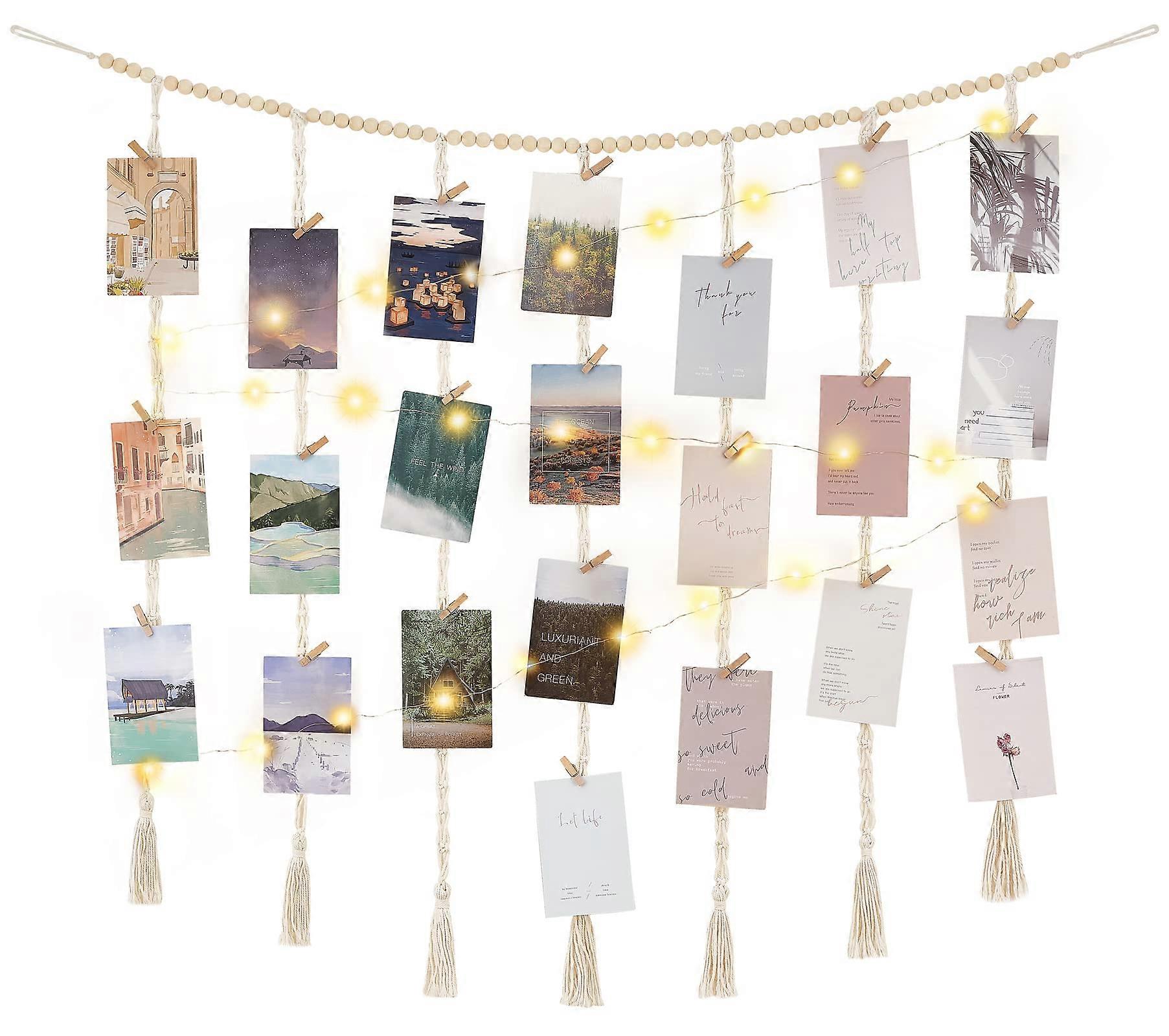 Macrame Photo Display with Warm String Lights and 45 Clips, Boho Wall Decor for Bedroom or Dorm