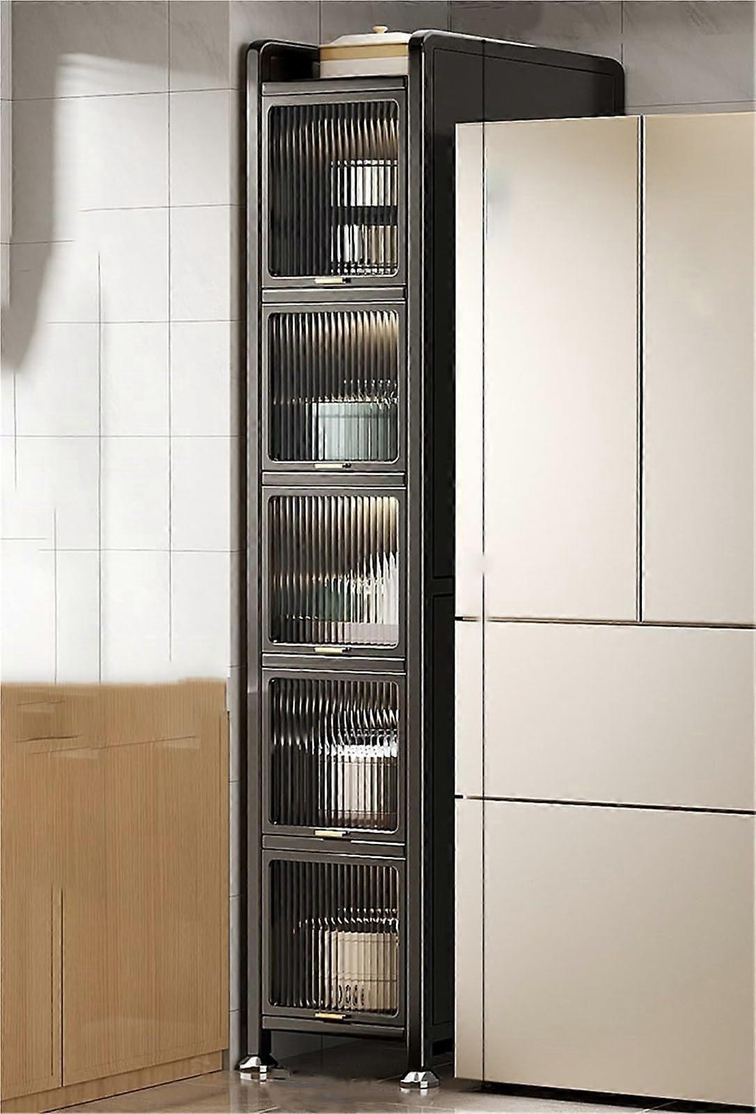 Kitchen Storage Cart with Doors, 6Tier Microwave Stand with Wheels, HeavyDuty Steel Frame, Black