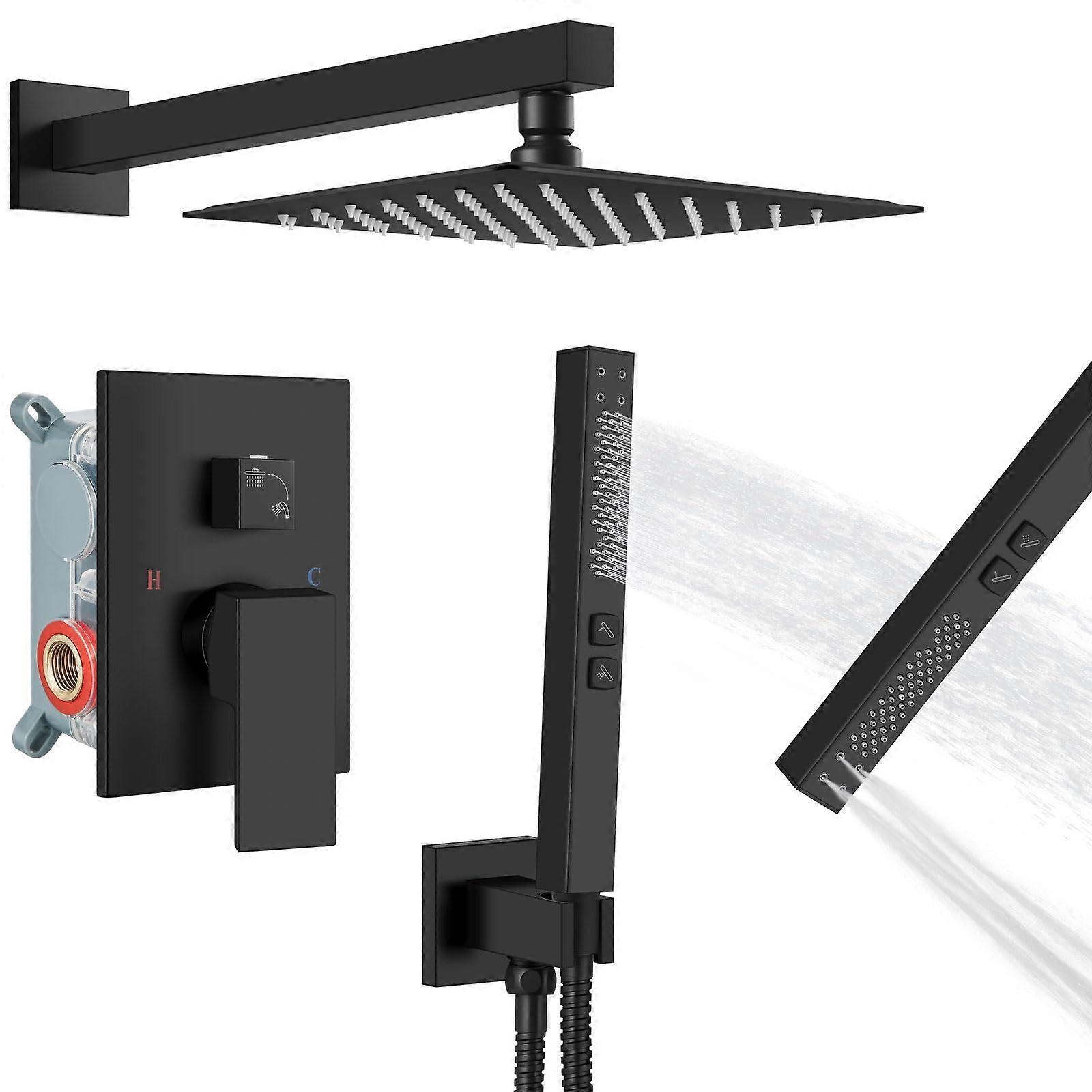 8 Inch Matte Black Rainfall Shower System with Handheld Sprayer, Solid Brass Valve Fixture