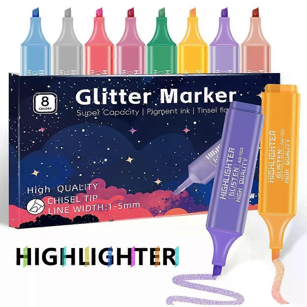 Glitter Highlighters Set 8Pack Subtle Colors with Chisel Tips,Flexible Line Width and Smudge-Proof Water-Based Ink for Sparkling