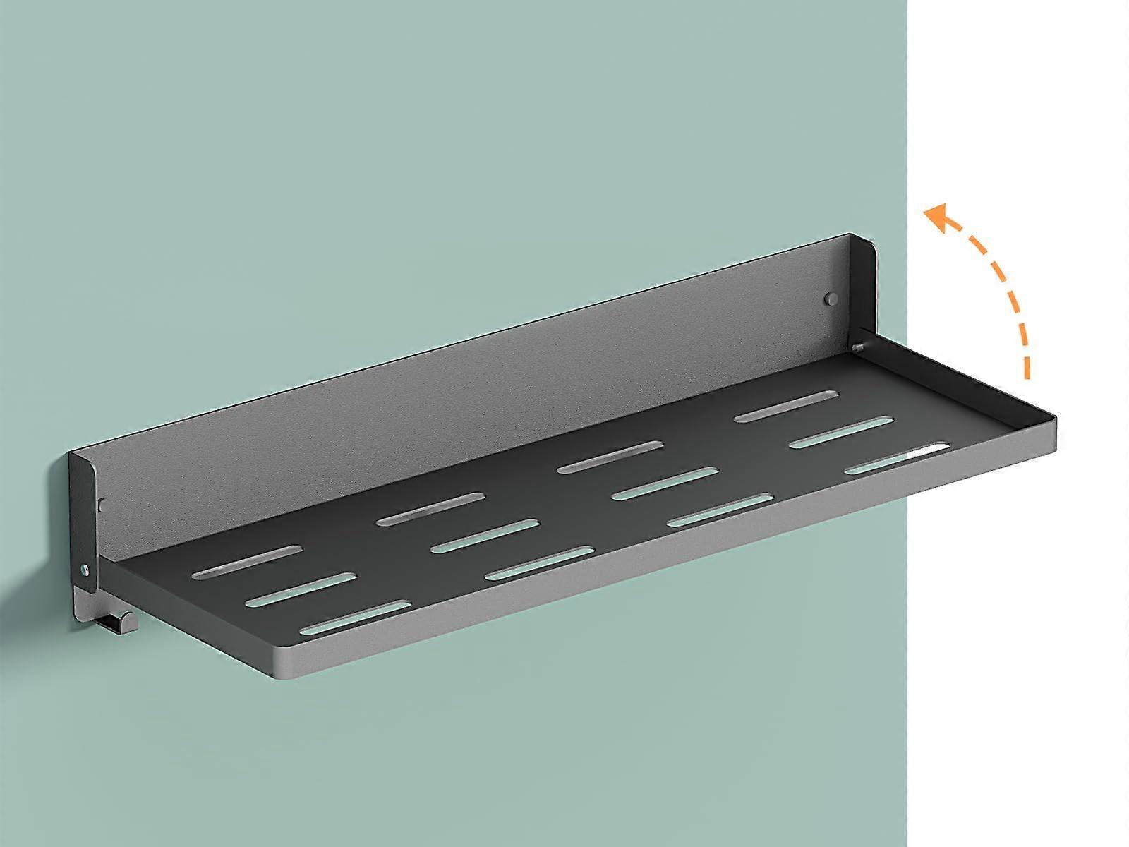 Wall Mounted Folding Shelf with Hooks, 17' Black Carbon Steel Space Saving Rack for Small Spaces