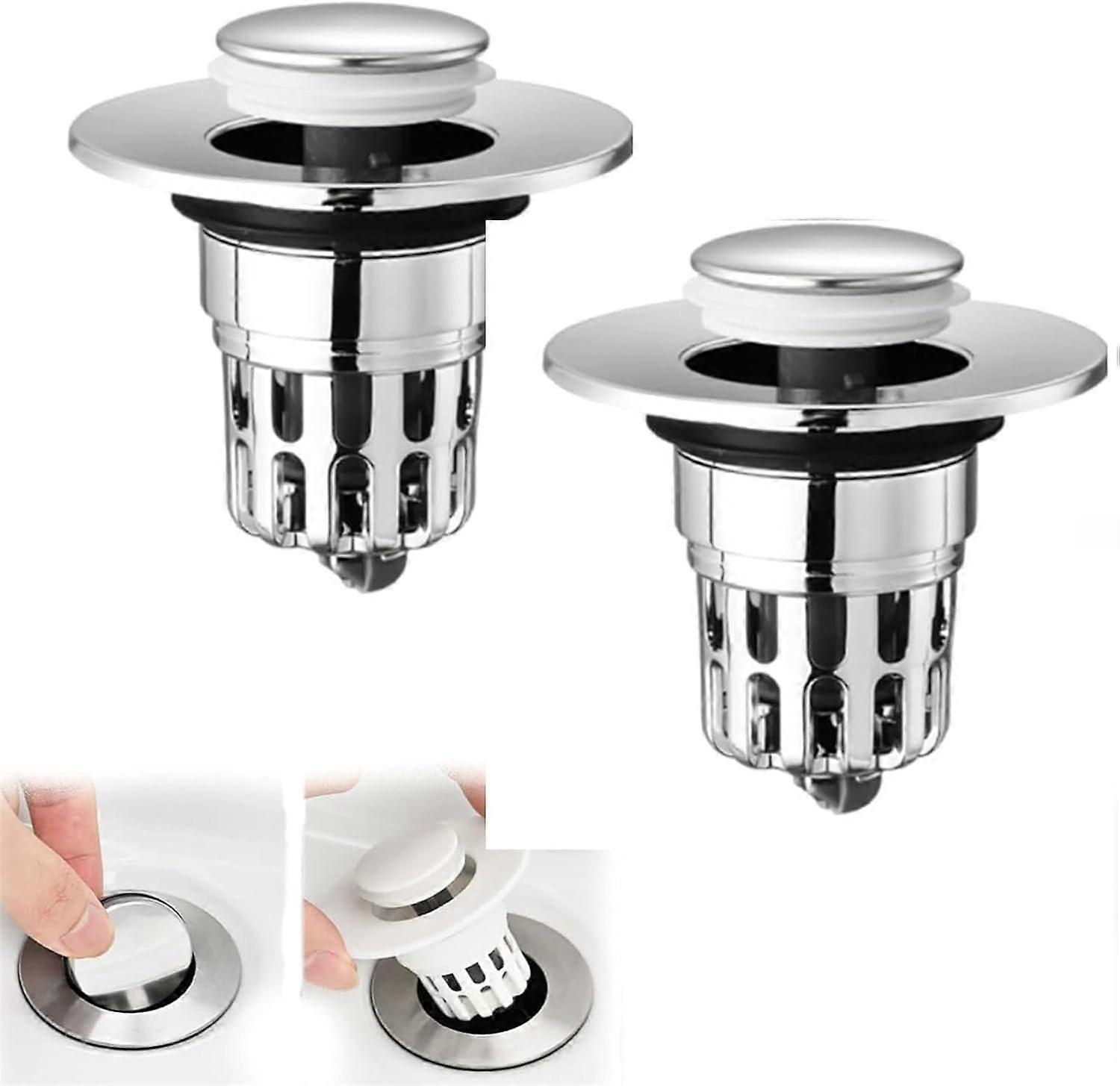 Bathroom Sink Drain Stopper Pop Up Filter, AntiClogging Press Design, Universal Wash Basin Plug 2pcs Silver