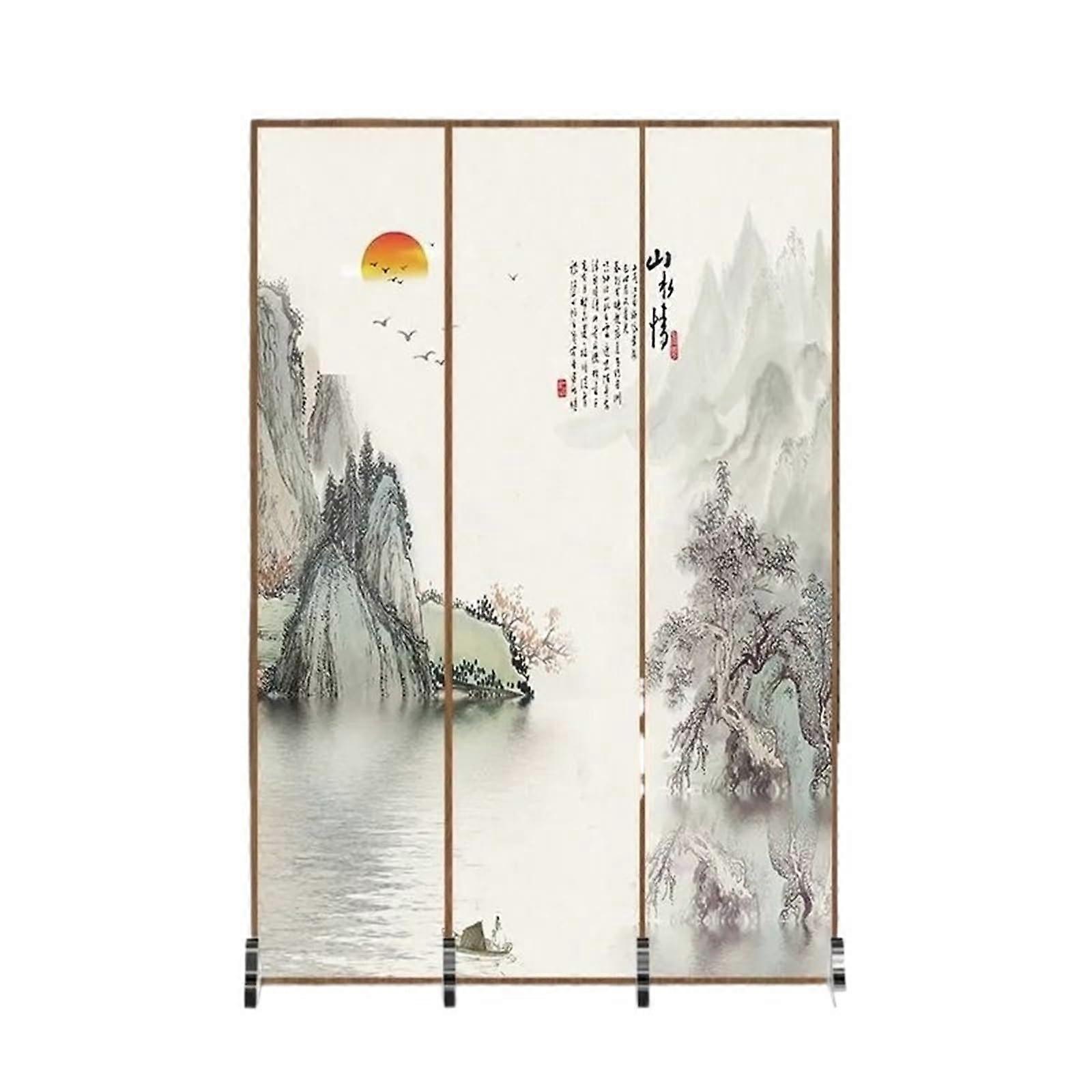 3 Panel Bamboo Room Divider Folding Screen with Vintage Decorative Design for Privacy