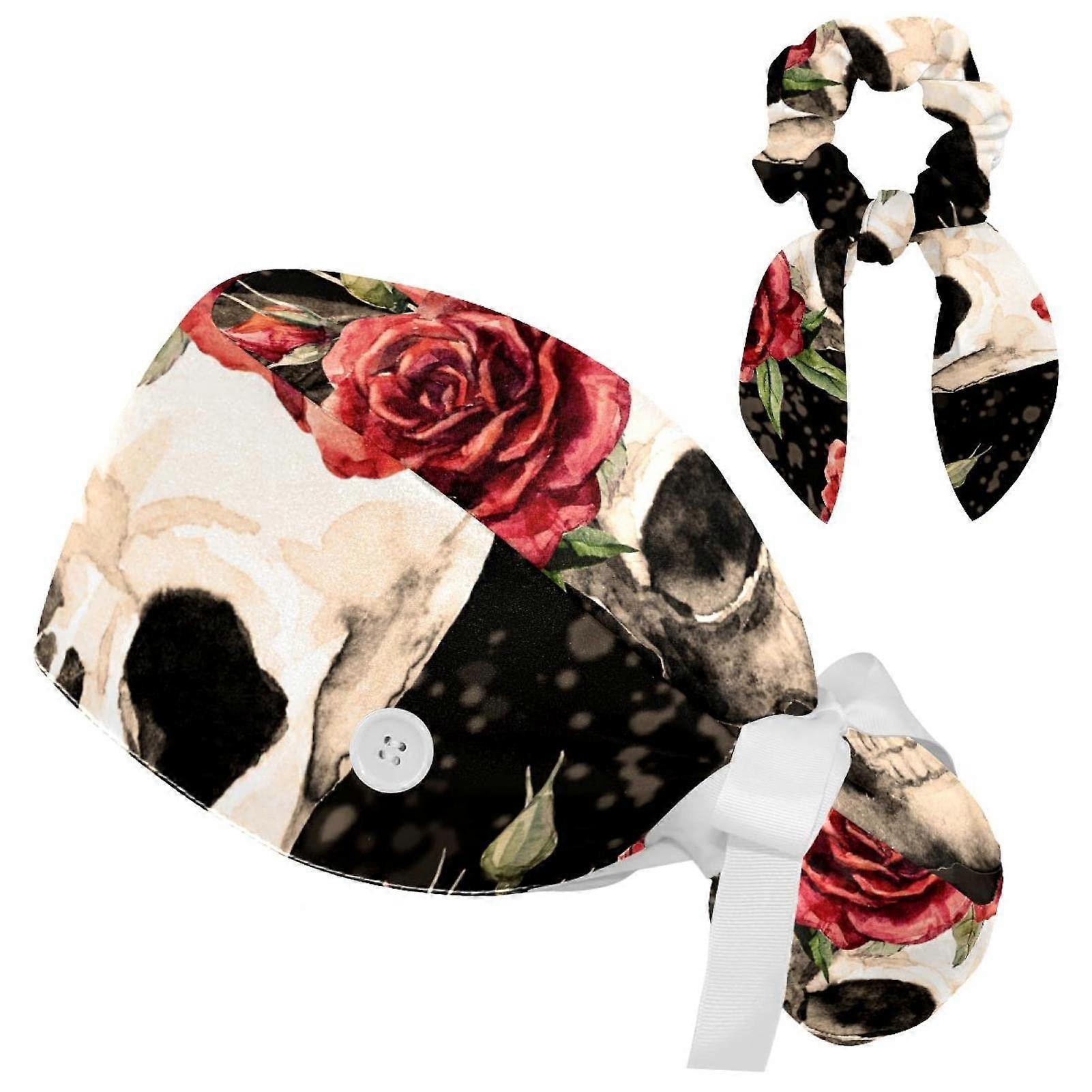 Surgical Scrub Cap with Ponytail Pouch, Adjustable Bouffant Nurse Hat, Breathable Polyester, Skull Rose