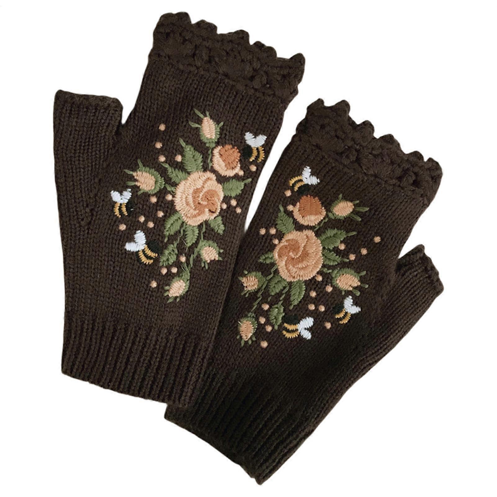 Women's Winter Fingerless Gloves Wool Blend Touch Screen Warm Elegant Braid Floral Embroidery