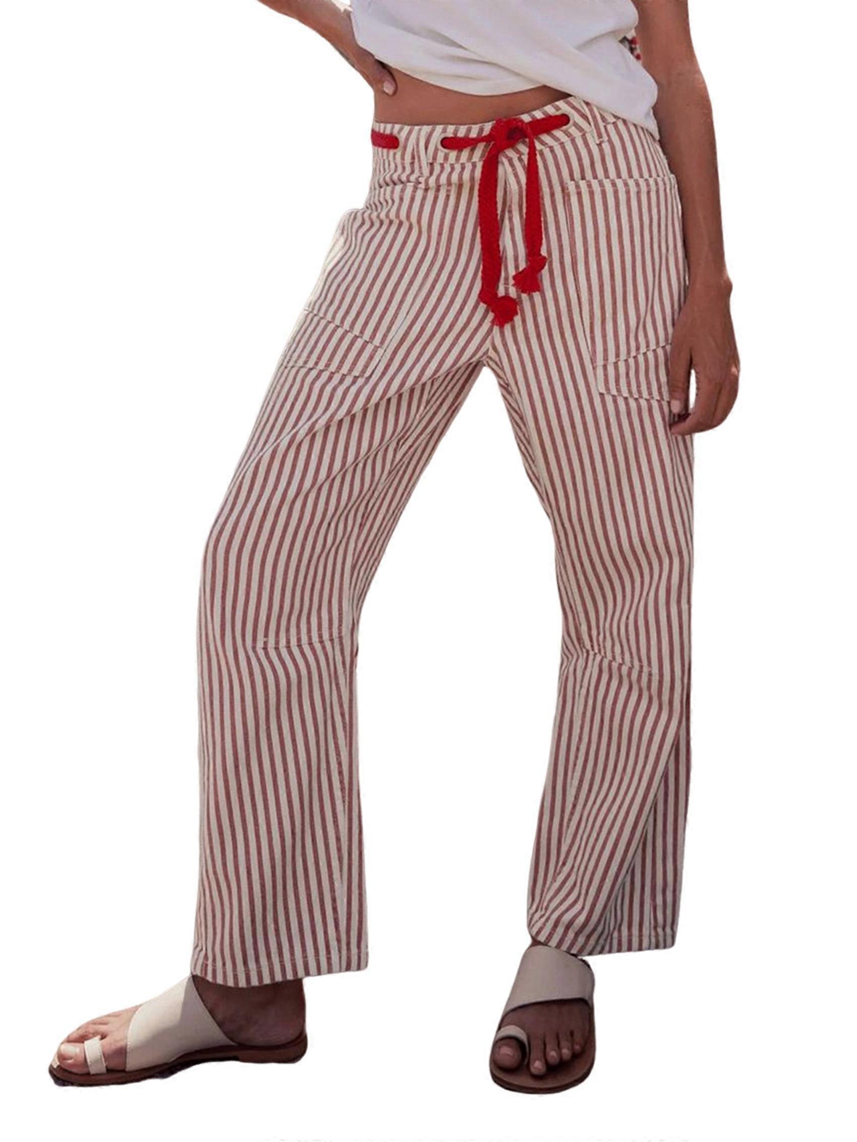 Women'S Patchwork Design Jeans Loose Straight Drawstring Pants Red L