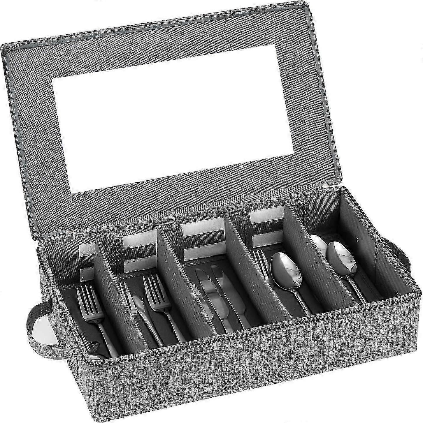 Gray Silverware Storage Box with Zipper Lid Adjustable Organizer