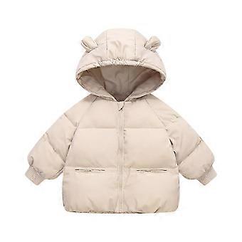 Jaqueta infantil acolchoada com capuz e orelhas de urso, agasalho de inverno quente para meninos e meninas, fechamento em zíper, forro macio, modelo #A073, bege, tamanho 90.