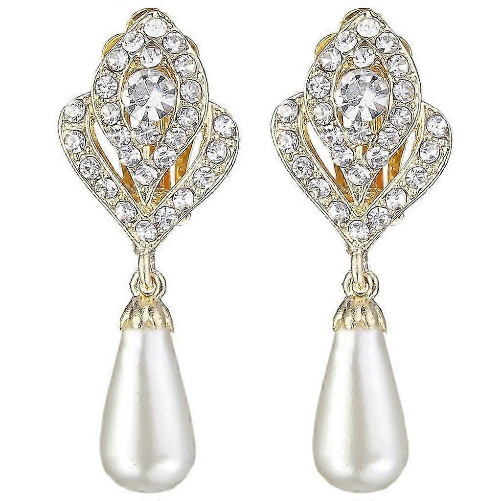 Gold Mock Pearl Clip-On Drop Earrings, Crystal Floral Lightweight for Women Daily Wedding