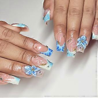 Set van 24 zelfklevende kunstnagels in 12 maten, blauw-witte French tip kunstnagels met 3D bloemkraaltjes voor feestelijke manicure en styling in meerdere kleuren.