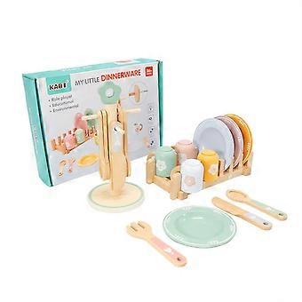 Wooden Kitchen Accessories Play Tableware Set Smooth Rounded Edges for Children