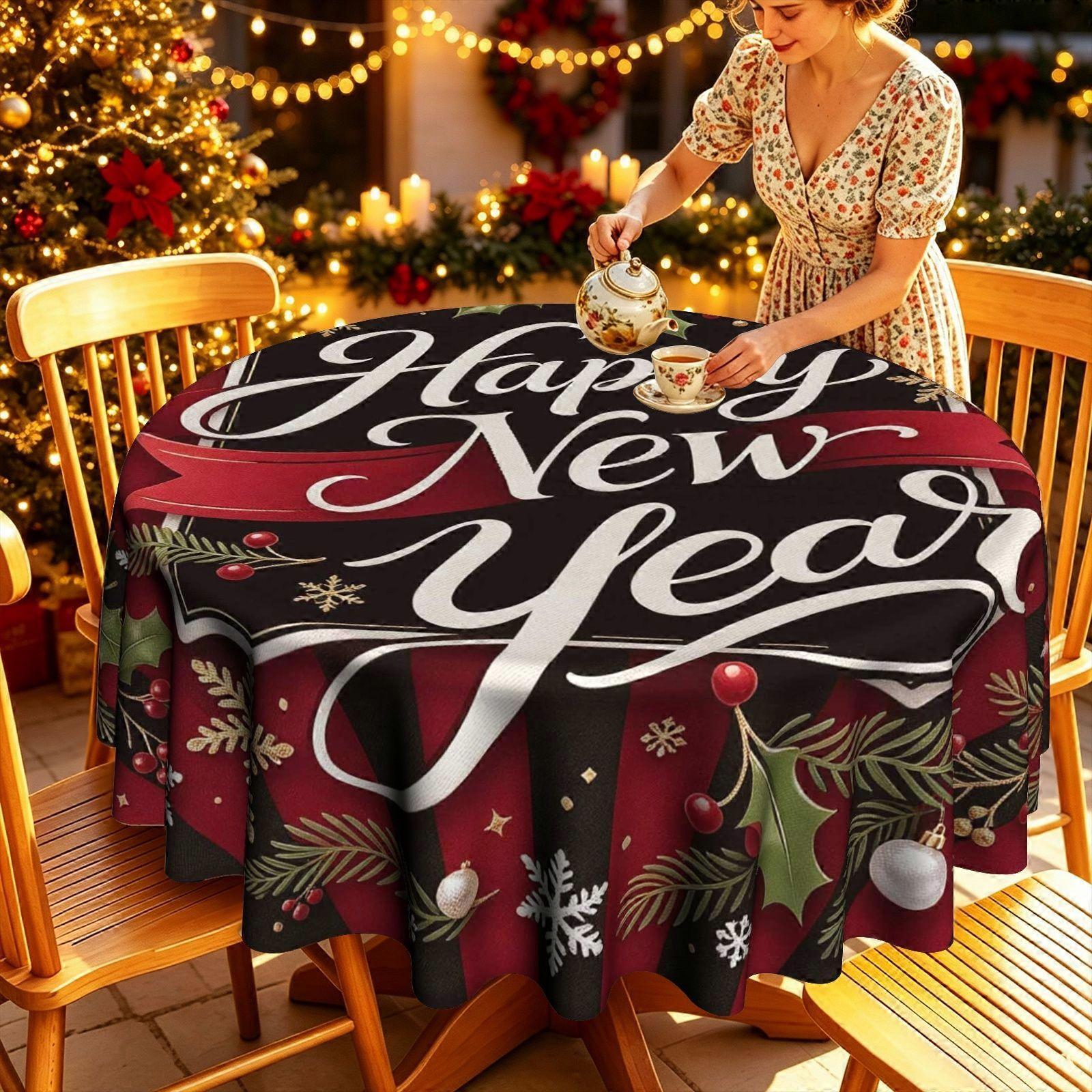 Happy New Year Tablecloth | 100% Polyester Holiday Script Print