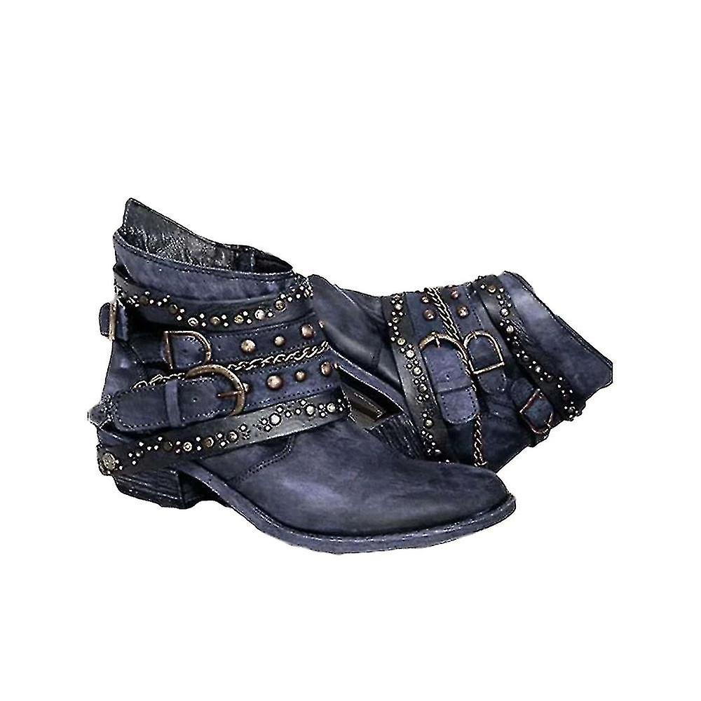 Vrouwen Vinta Punk Lage Hak Enkel Retro Studded Le Biker Booties