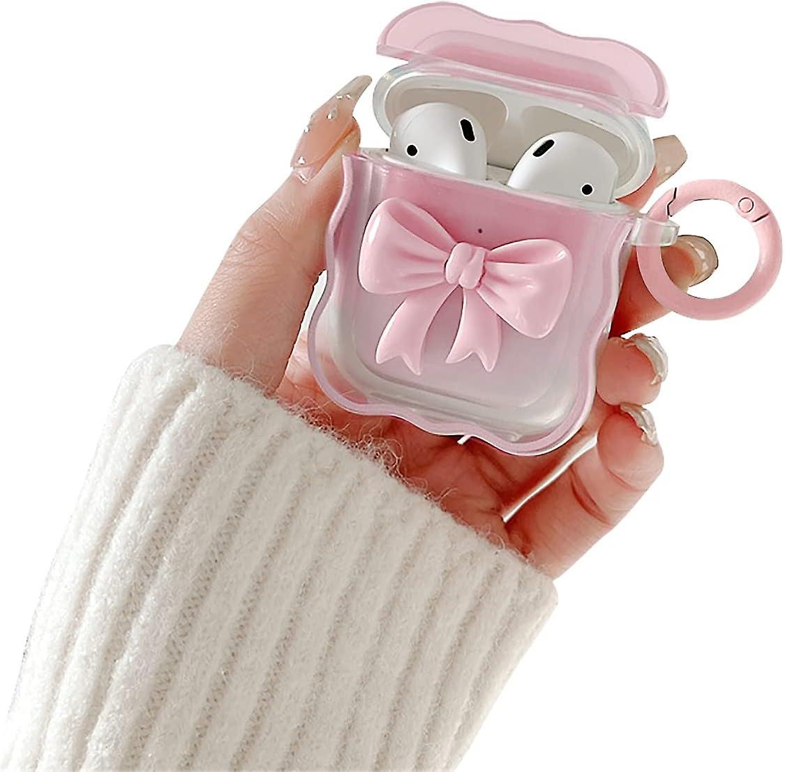 Compatible AirPods Protective shell Soft transparent TPU with cute 3D Color bow design Shockproof keychain cover suitable for Girls Ladies Airpods 2 a
