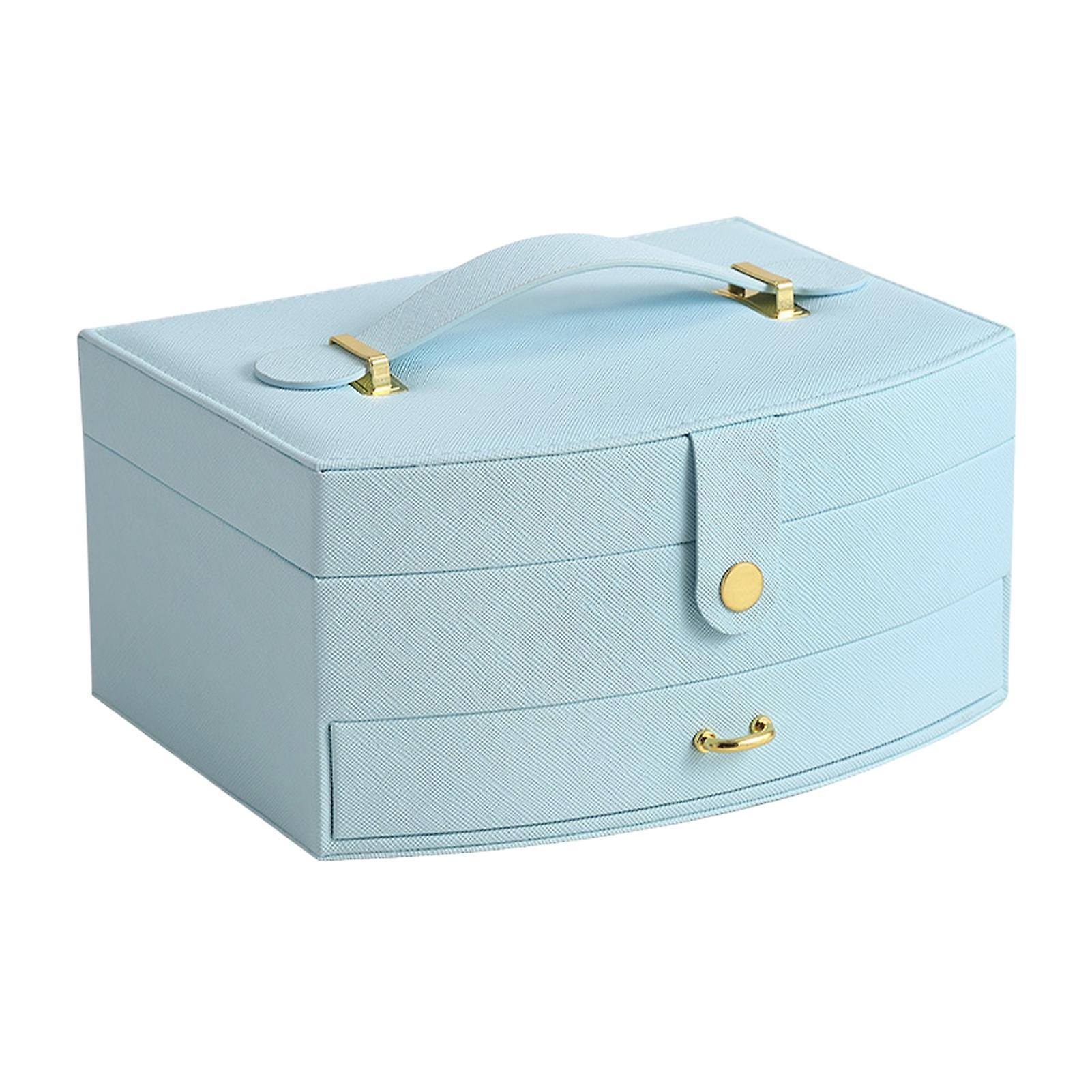 Blue PU Leather Jewelry Box: Large Capacity Double Layer Case with Mirror and Drawers