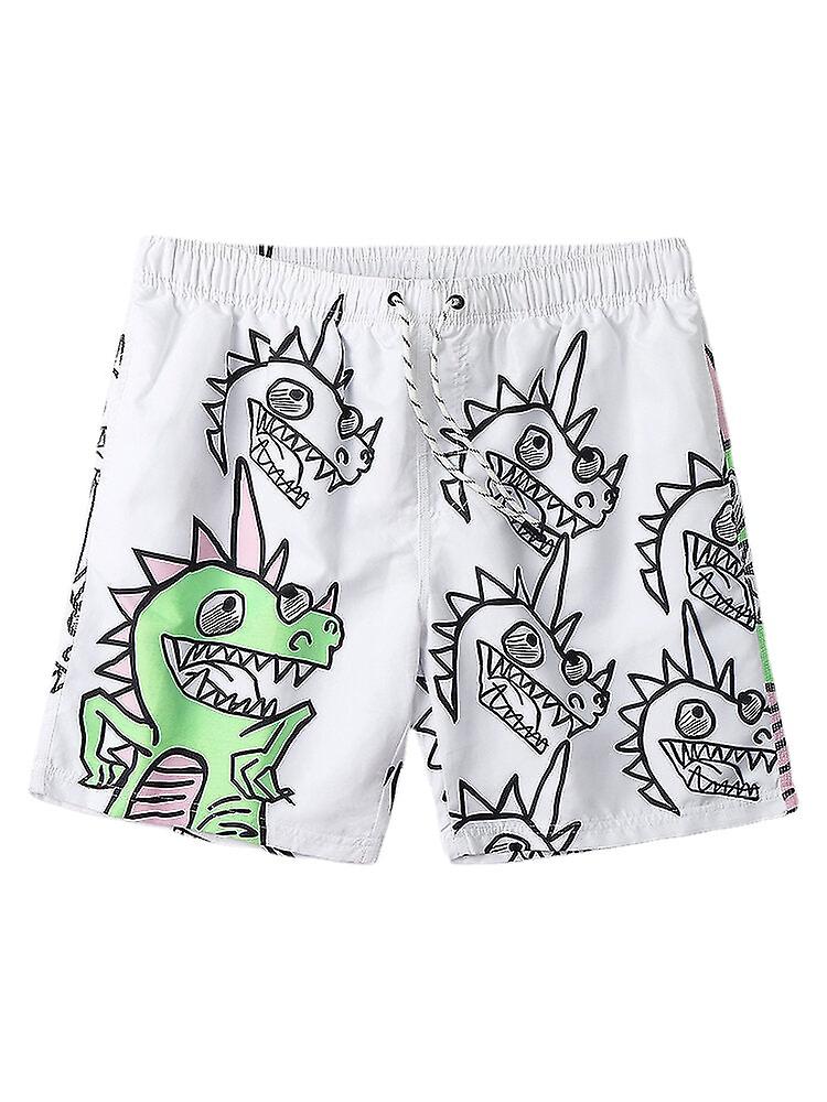 Men's Quick-drying Beach Shorts With Cartoon Dinosaur Print And Drawstring