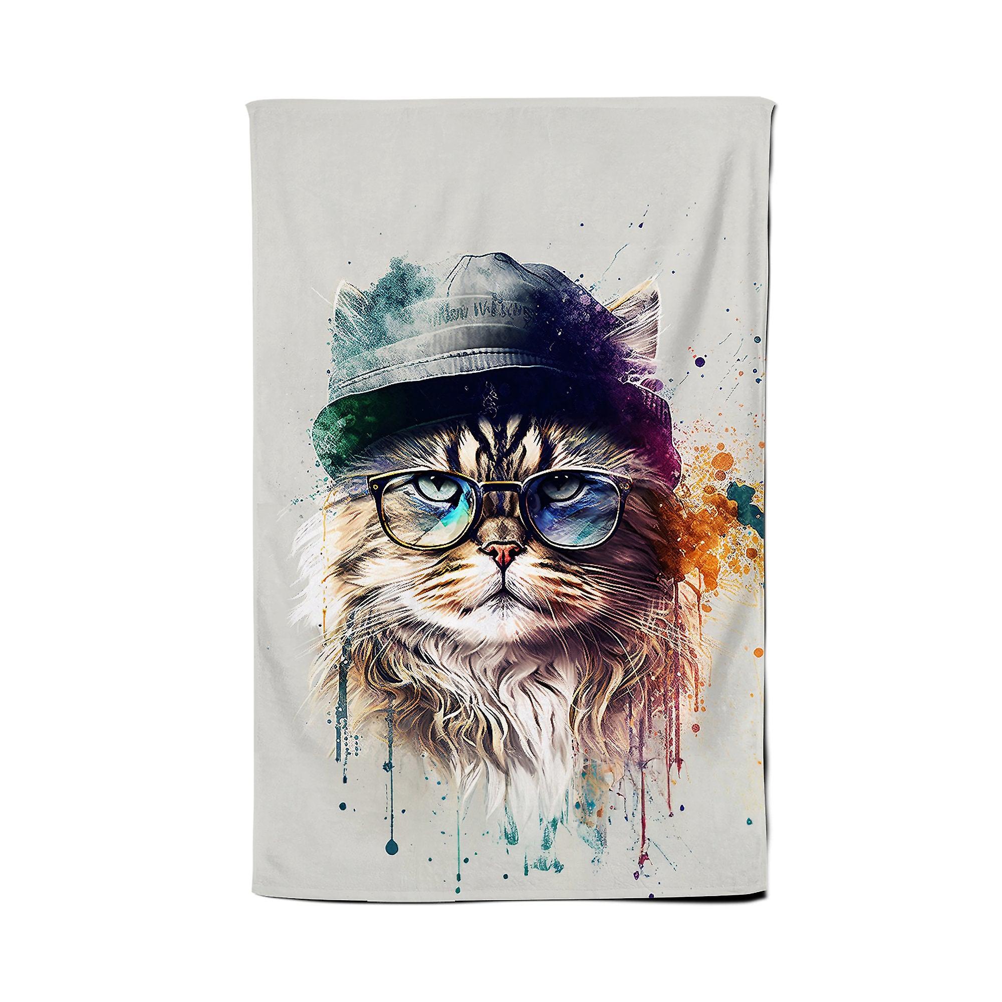 Siberian Cat Face Splashart Tea Towel