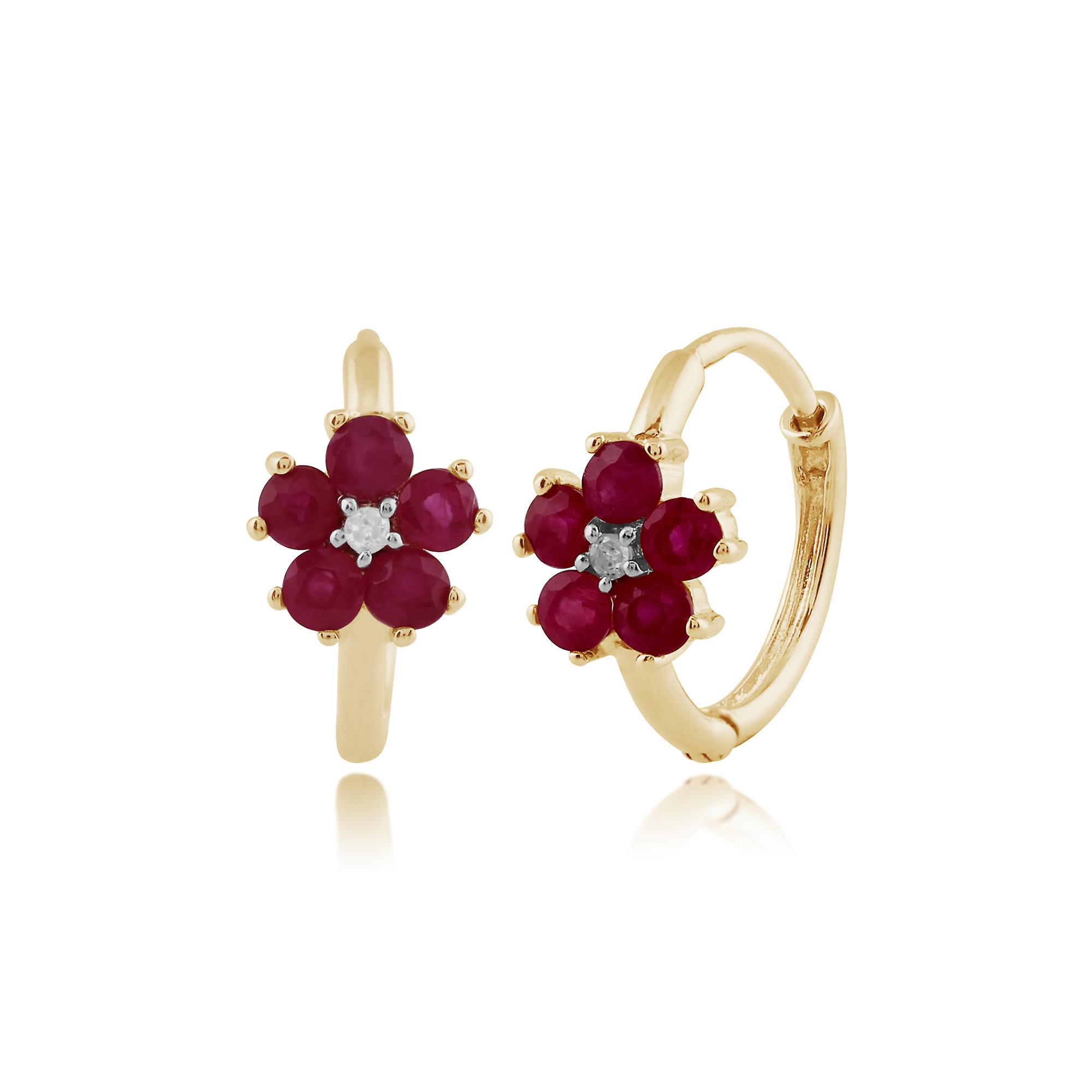 Floral Round Ruby & Diamond Hoop Earrings in 9ct Yellow Gold  135E1207029