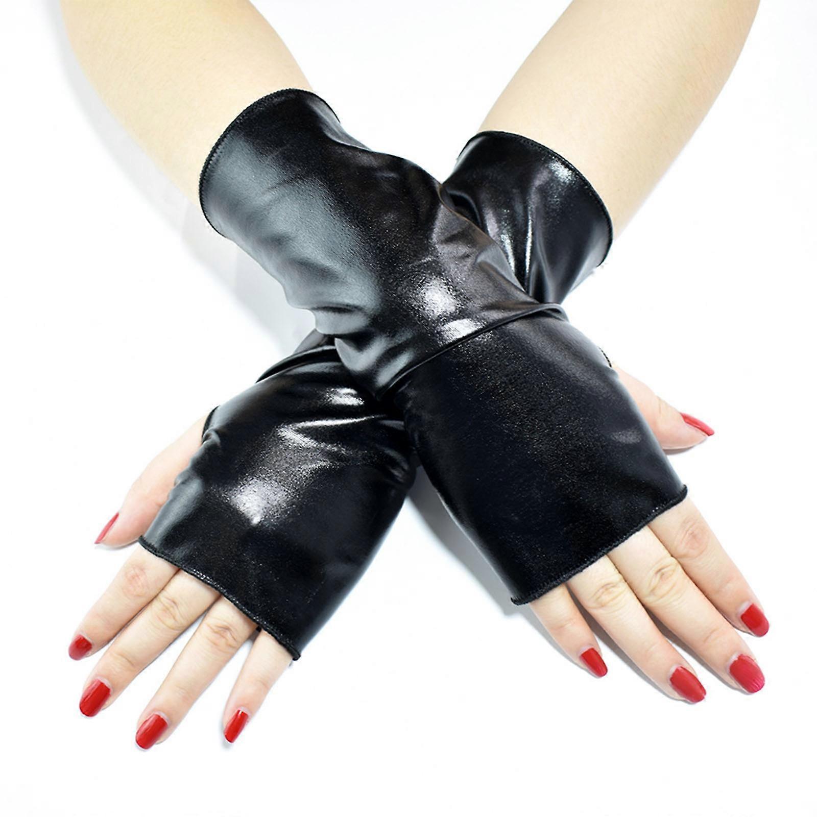 unbrand Punk Gloss Cuir Gants Courts Halloween Habiller Gants Gants Sans Doigts Noir
