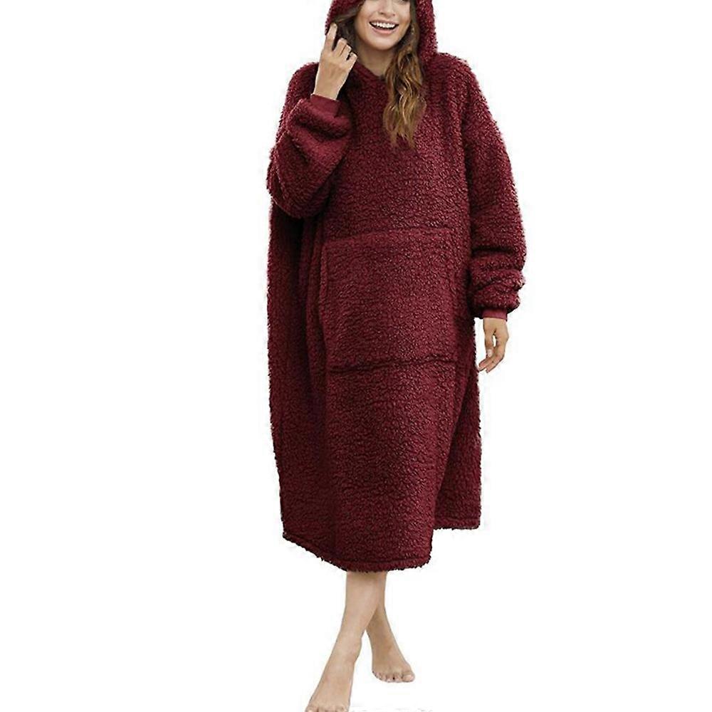 Cobertor Sherpa Wearable Plus Size Moletom com Capuz Cobertor de TV com Mangas Longas e Bolso Vinho Tinto Tamanho Único