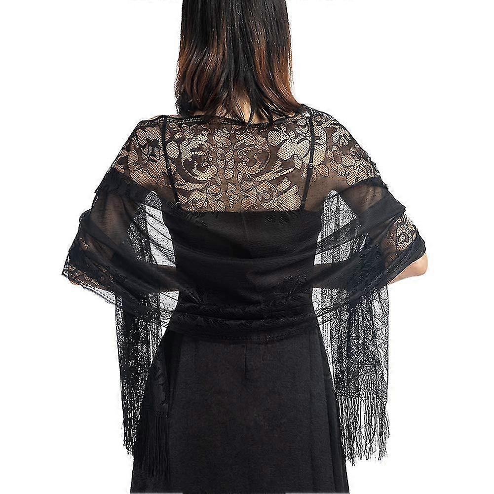 Women'S Floral Lace Scarf Shawl With Tassels, Soft Mesh Fringe Wraps