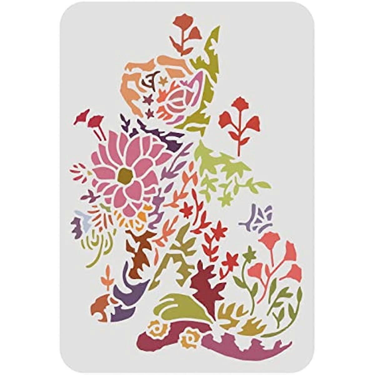 Flower Cat Stencil 11.7x8.3inch Reusable Cat Drawing Stencil DIY Craft Cute Cat Pattern Template Flower Stencil Animal Stencil