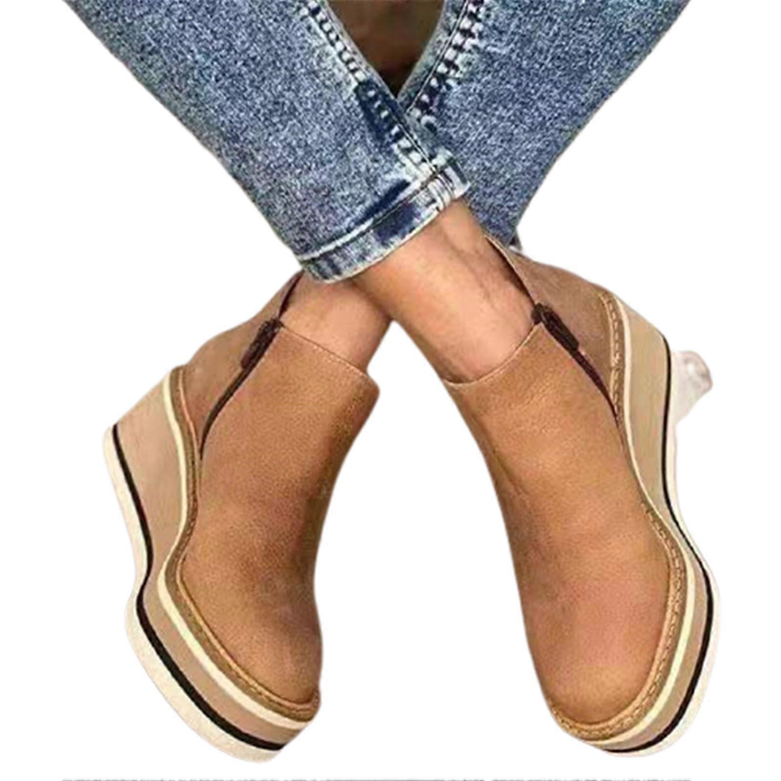 Bottines pour femmes Couleur unie Chaussures rondes à orteils Wedges Chaussures décontractées à la mode