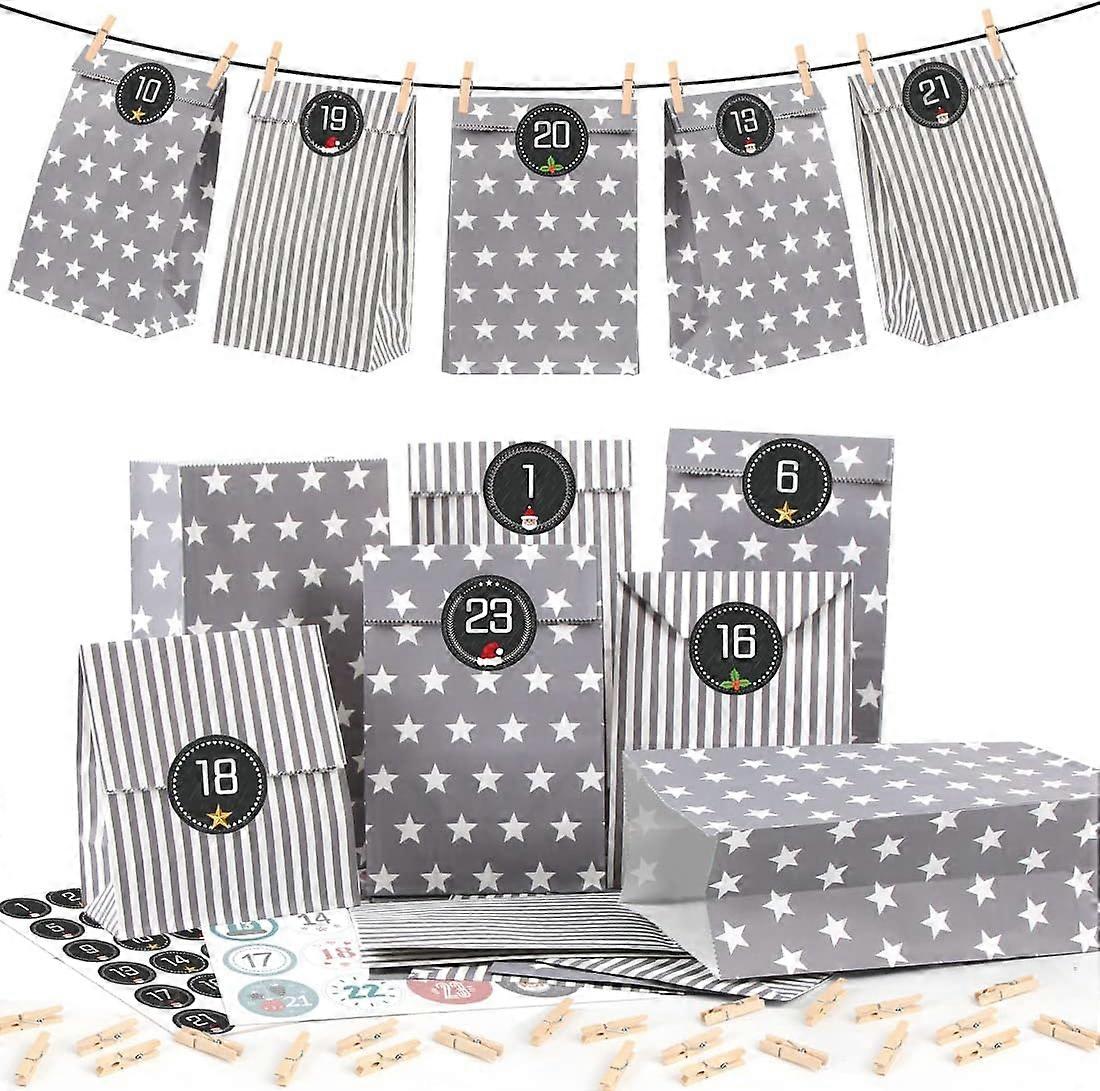 Advent Calendar for Filling, Grey, 25 Advent Calendar Paper Bags with Number Stickers, DIY Christmas Calendar for Filling, Gift Bags Christmas, Advent