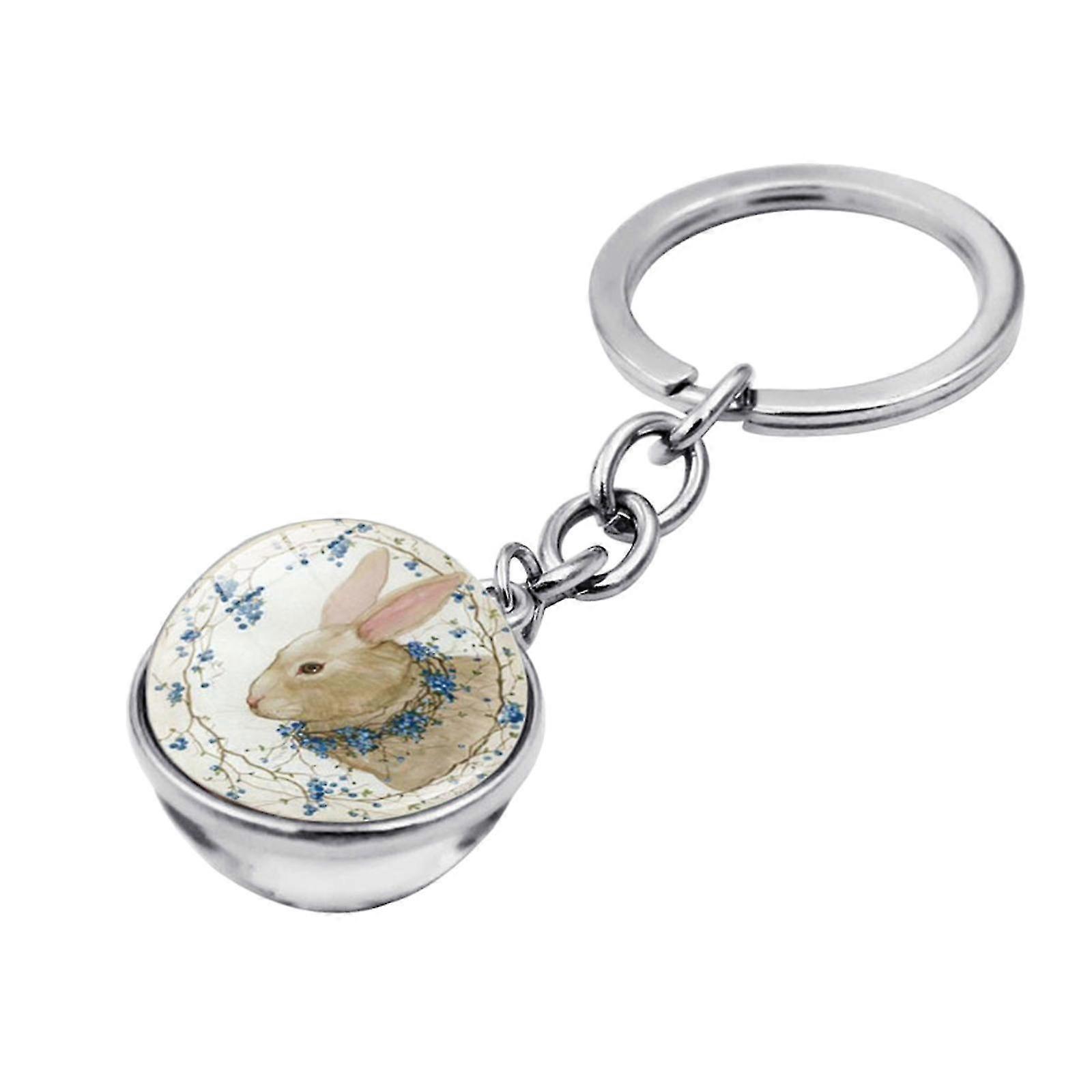 1pc Easter Bunny Time Gemstone Double-sided Glass Ball Keychain Key Ring