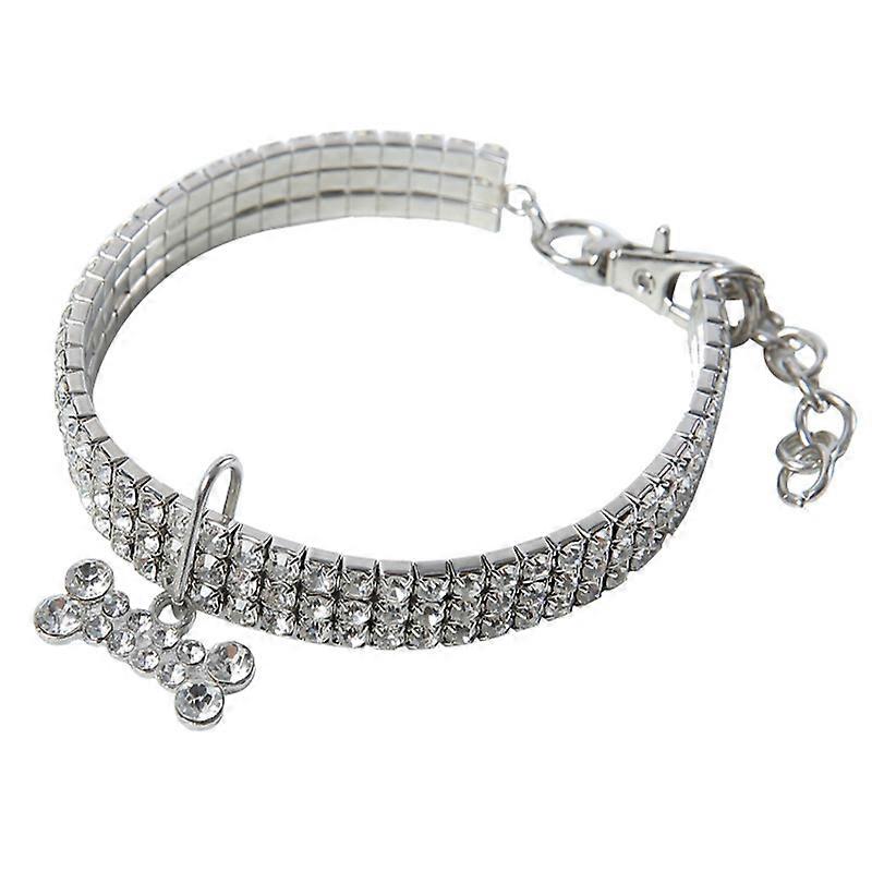 Pet Bone Collar, 3 Rows Rhinestones Crystal Elastic Necklace