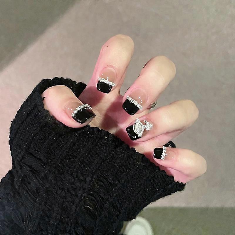 False Nails False Nails with Black Shiny Artificial Nails for Daily Wear Medium Size Nails
