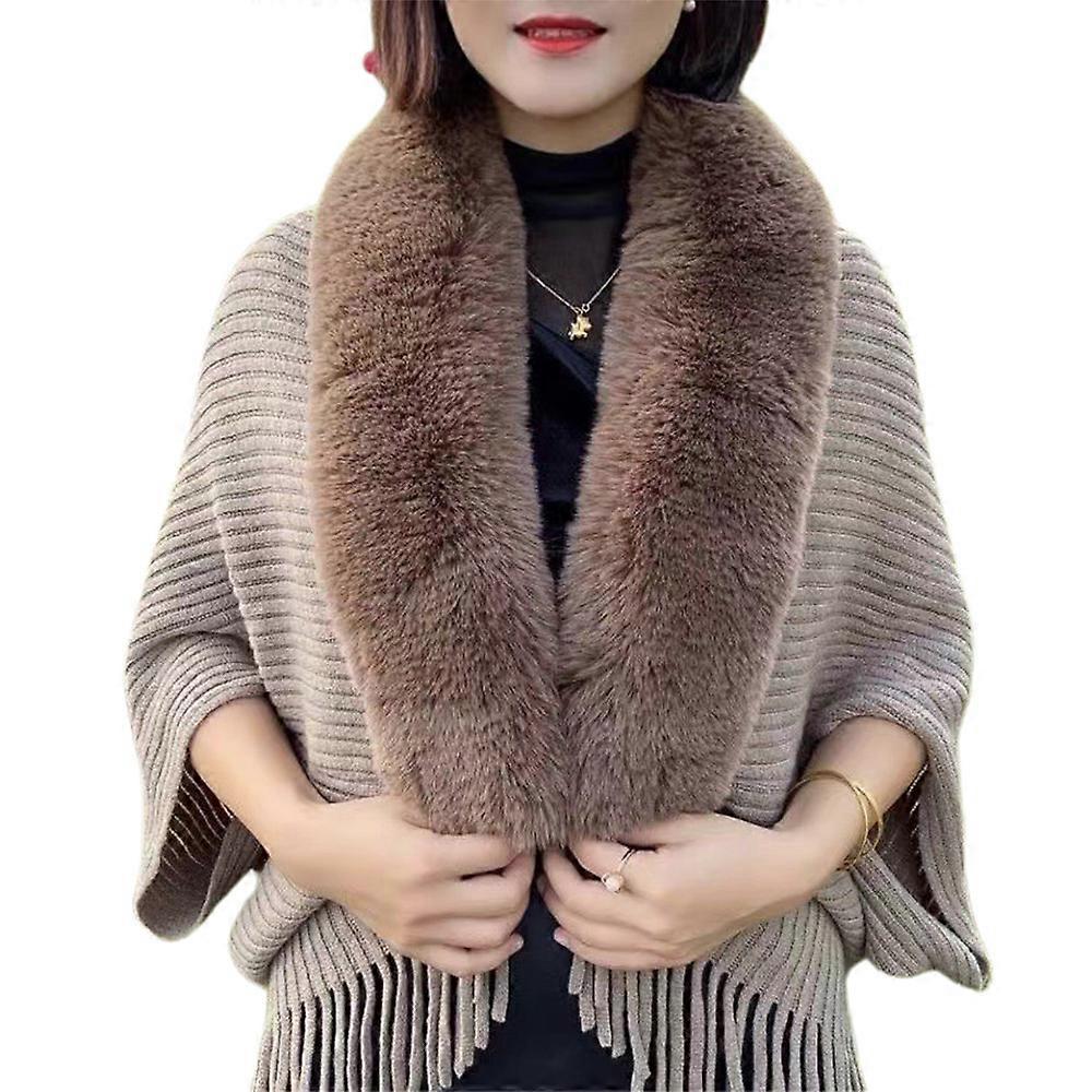 Women's Faux Fur Collar Shawl Wrap Tassel Poncho Cape Open Front Knitted Stylish Cardigan