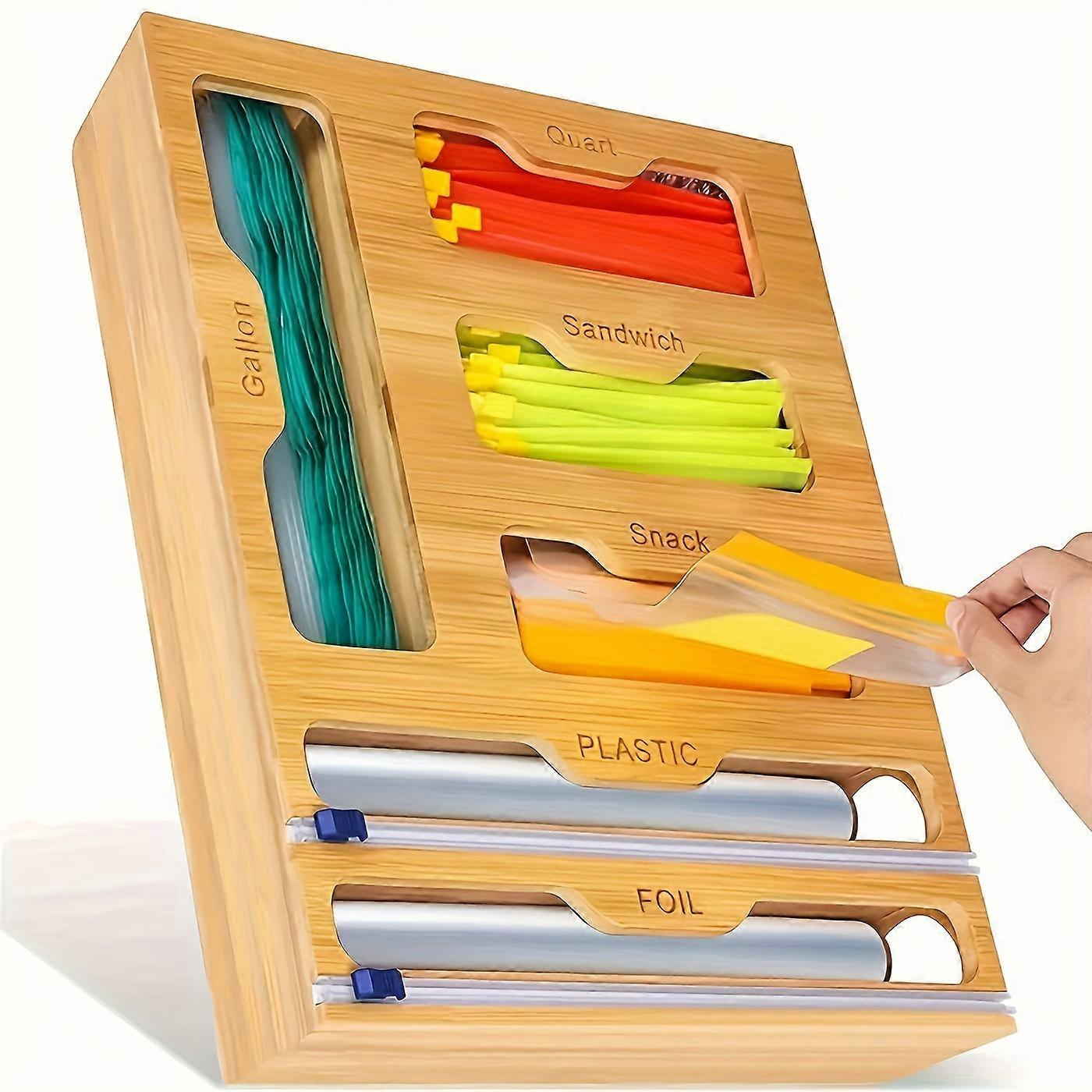 Bamboo Kitchen Organizer - Effortless Ziplock Bag, Foil & Plastic Wrap Storage - Premium Bamboo, Built-In Cutter for Gallon, Quart, Sandwich & Snack S