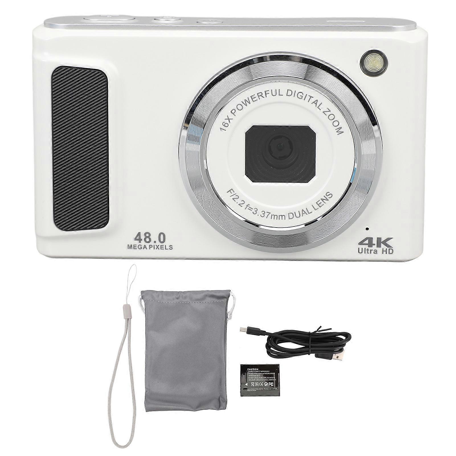 4K UHD Digital Camera 2.8inch IPS Display 16X Digital Zoom Autofocus Dual Camera 48MP Vlogging Camera Small Digital Camera White