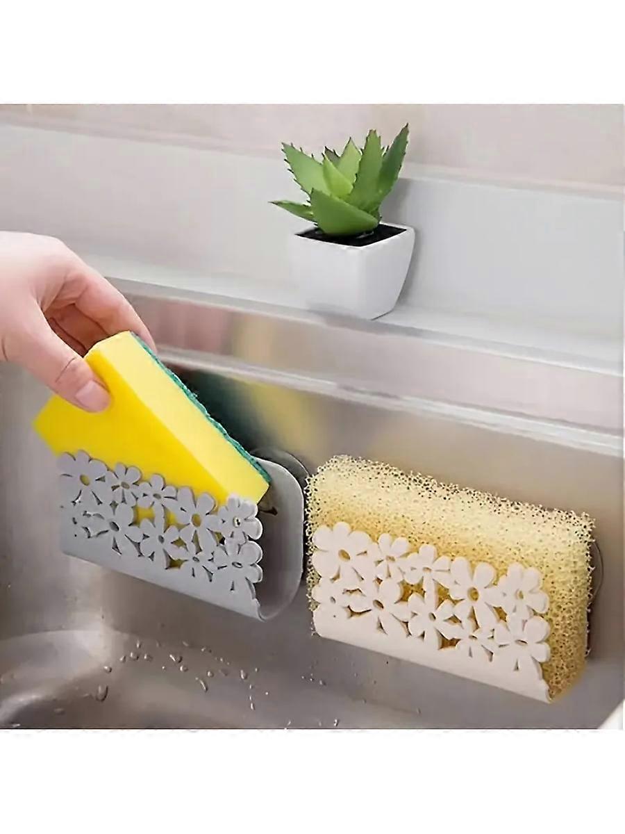 No Drilling Traceless Sponge Scouring Pad Soap Holder Wall Mounted Drain Shelf With Hollow Design For Kitchen Sink Storage, Gray