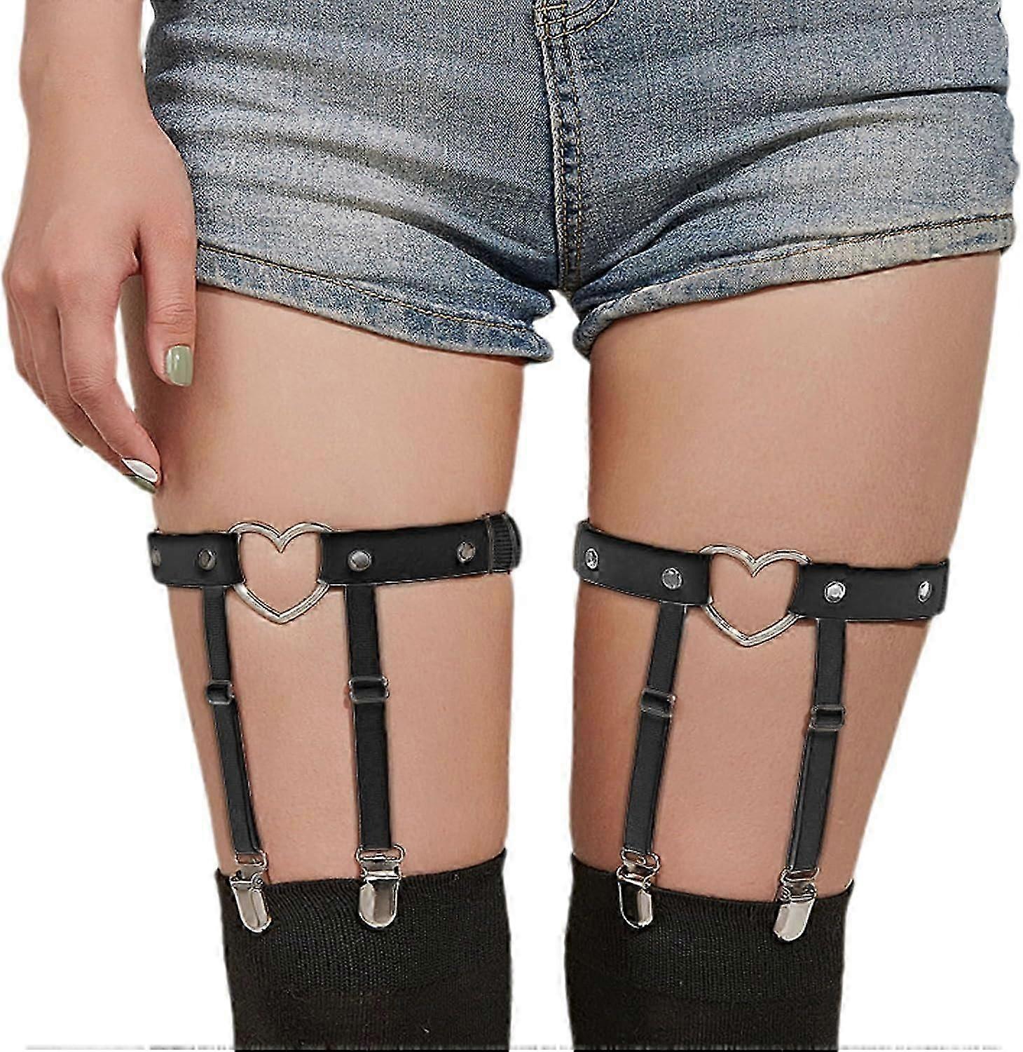 1 זוגות ביריות רגל לב, חגורת בירית גבוהה בירך לגרב נשים, פאנק רוק