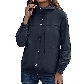 Women Hooded Full Zip Jacket Drawstring Long Sleeve Button Up Casual Full Zip Outerwear Purplish Blue L