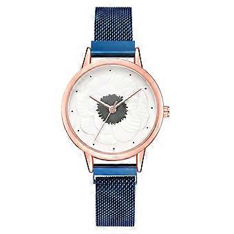 Femmes Fleur Imprimé Cadran Montre Alliage Maille Bracelet Alliage Quartz Montre-bracelet (Bleu)