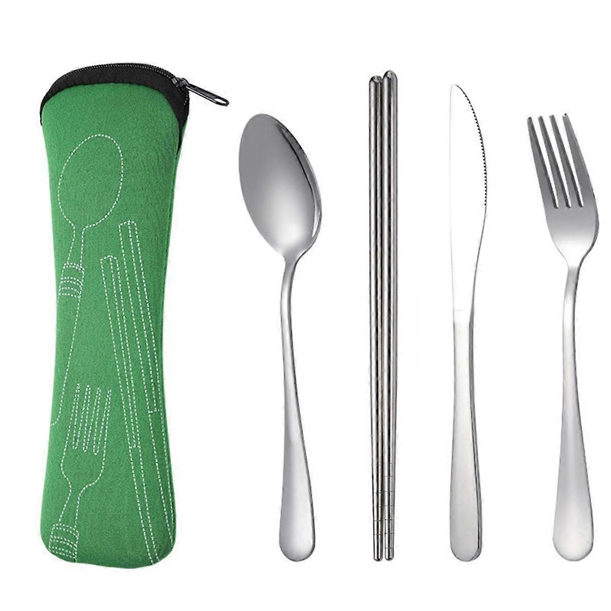 4Pcs Set Dinnerware Portable Stainless Steel Spoon Fork Steak Knife Set Travel Cutlery Tableware with Bag Green