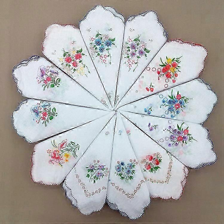 Pack of 12 Women's/Women's Fringe Print Embroidered Handkerchiefs with Satin Stripe Border, 100% Cotton