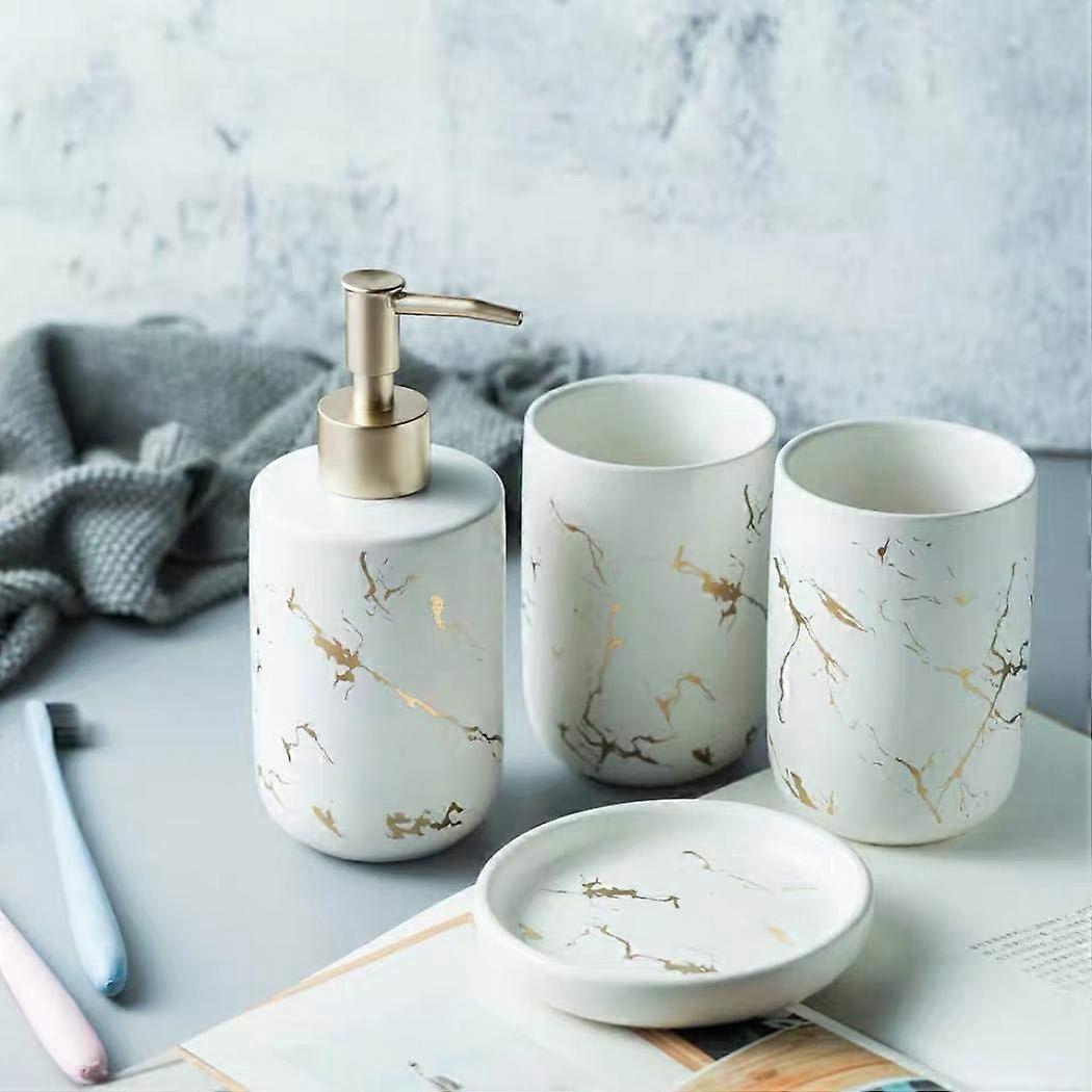 Bathroom Accessory Set Ceramics 4-Piece Vanity Countertop Accessories with Soap Dish Lotion Dispenser Tumblers in White