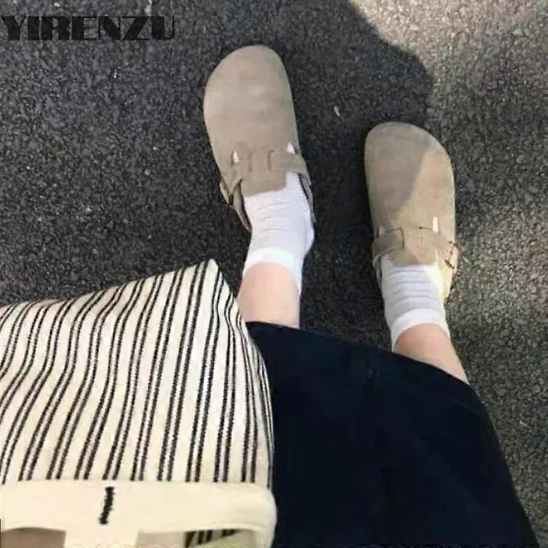 Sommer Retro Birken Stil Brun Imiteret Ruskind Flade Hjemmesko Mode Rund Tå Platform Mules Udendørs Kvinde Blød Sål Kork Slides