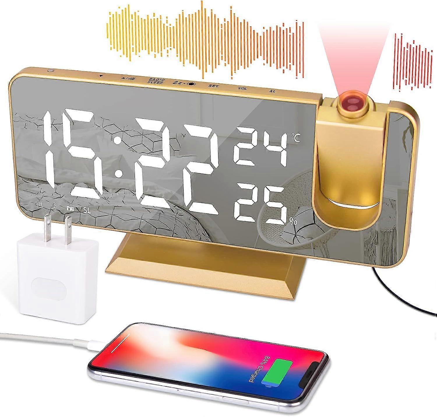 Projection Alarm Clock for Bedroom Ceiling Digital Alarm Clock Radio with USB Charger Ports, 7.3" Large LED Screen Alarm Clock, 4 Dimmer, Dual Alarm C