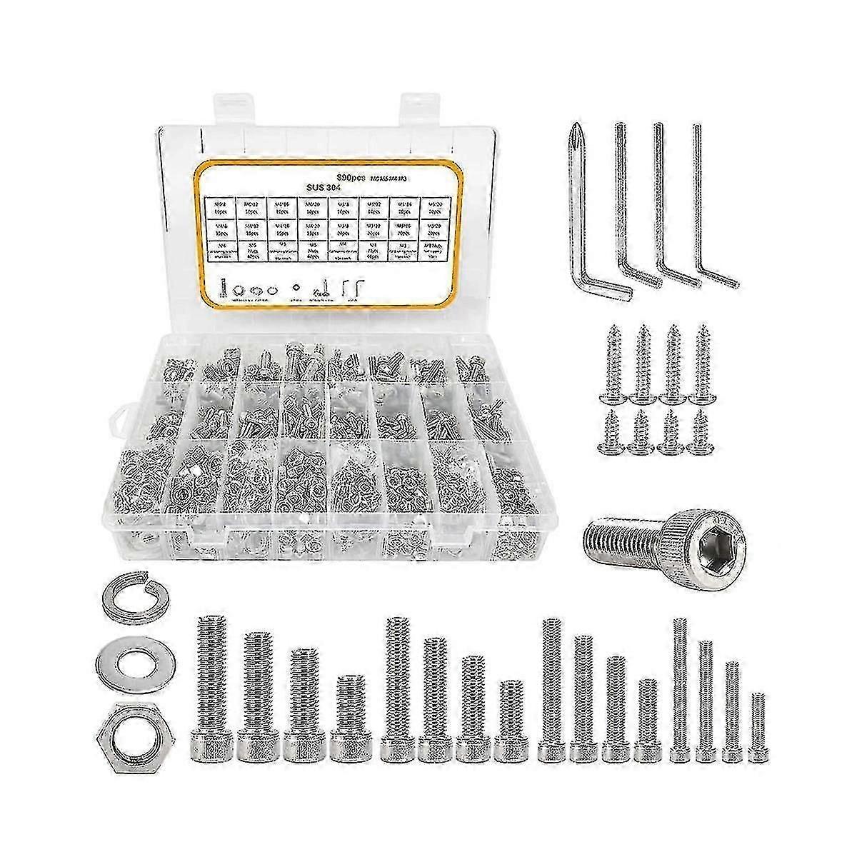 890pcs M3-m6 Screw Assortment, Bolts And Nuts Kit, Socket Head Cap Screws Hex Head Screws Assortment Set