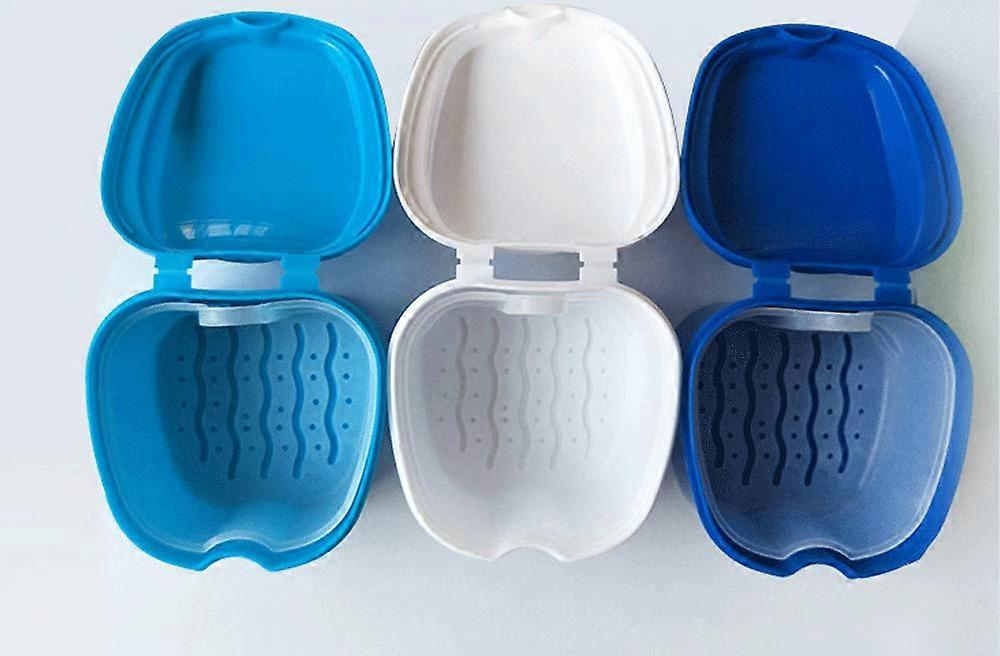 3 Pack Colors Denture Bath Case Cup Box Holder Storage Soak Container With Strainer Basket For Travel Cleaning (Light Blue And Blue)