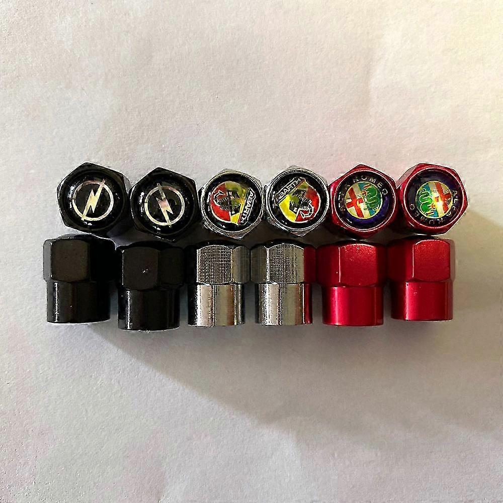 4pcs Aluminum Wheels Tire Valve Caps Stem Cover with Compatible Brand Logos for Various Models Including Abarth, BMW M, Benz, Maserati, Suba