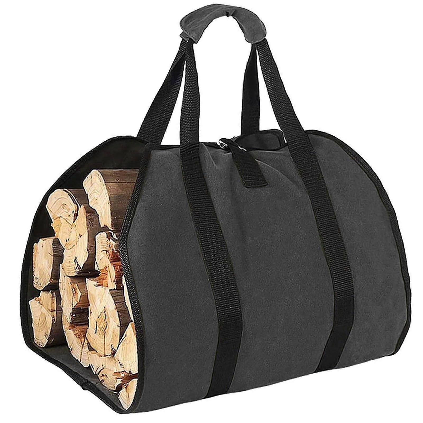 Brennholzträger, 99.1x48.3cm, waxed canvas, for fireplace, sturdy bag with handles (Black)